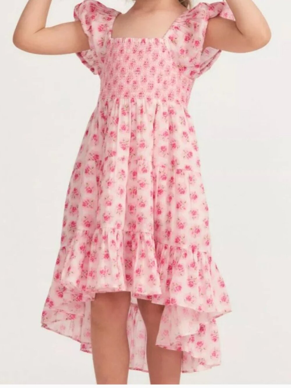 LoveShackFancy Girl's Muriella Dress 8-9Y Floral Pink White Hi-Low Smocked
